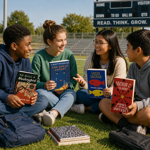 SOAR KIDZ students walking across a field holding their reading books
